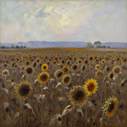 charred, dry sunflower field painting by asher brown durand, caspar david friedrich, thomas cole, monet, martin johnson heade, moebius, agnes pelton