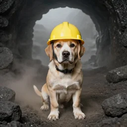 puppy wearing hard hat in dusty foggy coal mine, photo from 1 9 9 8,
