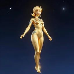 a golden woman with blue adornments quarter turn figurative anime portrait, in space, transcending to a higher plane in the multiverse, lazer light beaming down to top of her head, asymmetrical , Noah Bradley, Maciej Kuciara