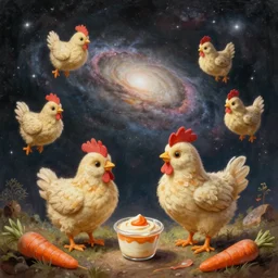 formation of intergalactic adorably cute chickens flying through the galaxy looking for a habitable planet made of ranch dip cups and carrots, painted by William-Adolphe Bouguereau