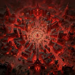 red - colored hellish las vegas as a fantasy medieval d & d rpg city battlemap, at night. superior quality, highly detailed, 8 k, masterpiece.