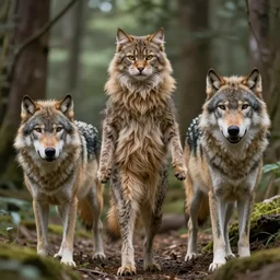 furry cat woman in a forest 8 b 4? with real wolves