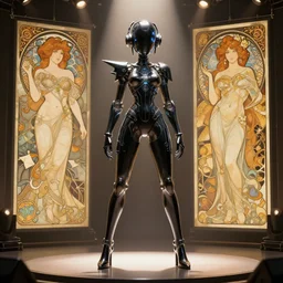 cartoon character design by artgerm, cushart krenz, greg rutkowski and alphonse mucha. sci - fi weapon. black tape project show attctive showgirl!! full body with future head set!! sharp edge. ultra clear detailed. contour light effect!! 8 k. stage light. ultra detailed, elegant, intricate, octane render.
