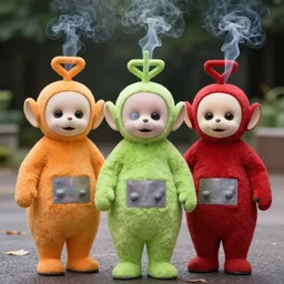 Teletubbies with smoke coming out the eyes, global illumination, 4k