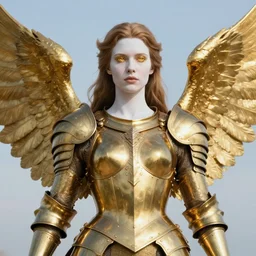 portrait of fully armored norse valkyrie, brass plated, symmetric golden wings, divine vibes, light brown hair, white skin, shiny golden eyes, pretty, perfect face, sky background, sharp focus, highly detailed, cinematic lighting, studio quality, smooth render, unreal engine 5 rendered, octane, rendered, by artgerm, greg rutkowski, alphonse mucha