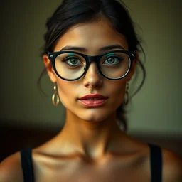 a portrait photograph of a nerdy young woman from buenos aires with big glasses and a black dress, tanned skin tone, dof, sharp focus, highly detailed face, symmetric face, realistic iris, cinestill 8 0 0 t, photography by paolo roversi