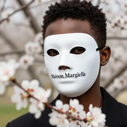 black boy wearing a maison margiella mask out of blossoming flowers, fashion photography