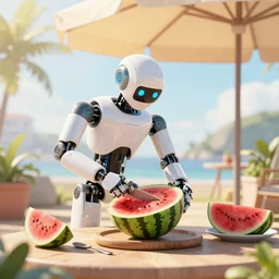 a robot cutting watermelon under a sun umbrella on a summer day, trending on artstation, digital art, crepuscular ray, cinematic lighting, unreal engine 5, frostbite 3 engine