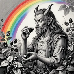 beautiful, grand, wistful, the devil picking blackberries, hyperrealistic photograph by kim jung gi, rainbow colored, extremely detailed, intricate linework, sharp focus, bright colors, octopath traveler, unreal engine 5 highly rendered, global illumination, radiant light, detailed and intricate environment