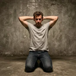 a man kneeling with his hands behind his head in a basement