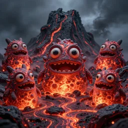 of a dark and smokey mountain with large strange cute friendly creatures made of lava with big eyes, mouth and round teeth appearing from the ground, in the style of Gaudi, macro lens, shallow depth of field, highly detailed, digital painting, trending artstation, concept art, illustration, cinematic lighting, vibrant colors, photorealism, epic, octane render