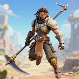 3 d video game avatar medium poly, redshift render, octane render, brown skinned man in cyberpunk armour with dreadlocks, holding a scythe flying mass effect style clothing, legend of zelda style character, genshin impact background, beautiful 3 d, dynamic lighting