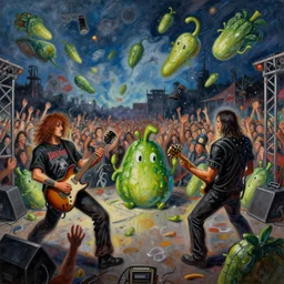 a painting of a concert by vegatables playing death metal while the public flies in the sky in the style of artist James Jean