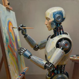 colourful cinematic bust portrait of an artist robot painting an artwork on a canvas with a brush, paint and color, robotic enhancements, desaturated, Tim Hildebrandt, Wayne Barlowe, Bruce Pennington, donato giancola, larry elmore, oil on canvas, masterpiece, trending on artstation, featured on pixiv, cinematic composition, dramatic pose, beautiful lighting, sharp, details, hyper-detailed, HD, HDR, 4K, 8K