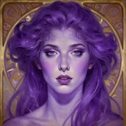 purple, character portrait of purple energy, by waterhouse, by mucha, lean face, symmetrical face, face symmetry, cinematic lighting, beautiful, elegant, oil painting, cinematic, portrait, raphaelite, trending on artstation, intricate background