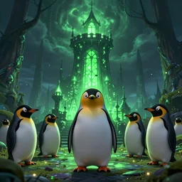 super secret penguin club in front of a glowing green necromancers towerl