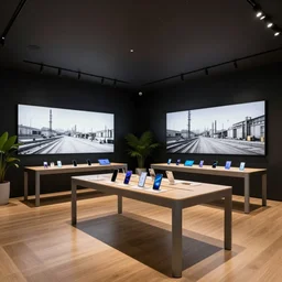 samsung store, black walls. timber floor. low ceilings with spots. curved furniture, with large digital screen. display tables with phones and tablets, pots with plants, large digital screens on the walls. michal kus daily deviation industrial sketch of serious grounded balanced muted flagship by