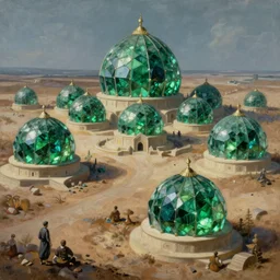 hyper detailed painting of domes made of glowing green emeralds, sprawling across majestic parched plains, by francisco goya and rembrandt, unsettling, mysterious, by stephan martiniere and alexander fedosav, hyperrealism, 8 k resolution, behance hd, artstation, nightcafe