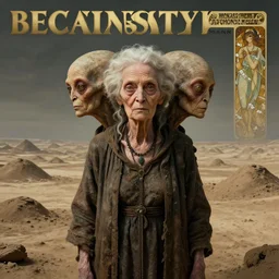 hyperrealist portrait of an ancient old alien woman with three heads standing in a vast empty space with mounds of clay here and there by beksinski and jeremy mann and alphonse mucha and stan lee, fantasy art, photo realistic, dynamic lighting, artstation, poster, volumetric lighting, very detailed faces, award winning, full face, symmetry