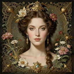 a beautiful detailed front view portrait of a woman with ornate growing around, ornamentation, flowers, elegant, beautifully lit, by wayne barlowe, peter mohrbacher, kelly mckernan,