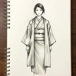 a rough sketch of a woman wearing an anorak inspired by old japanese kimonos in shibuya