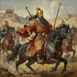 Genghis Khan oil on canvas, intricate, action scene, 8k highly professionally detailed, HDR