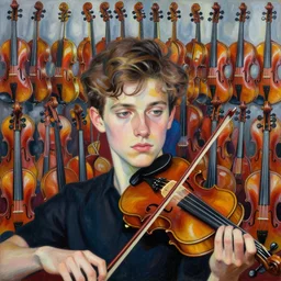 portrait of a young violinist focusing. artwork by vincent lefevre herman bas and james jean and pat steir and hilma af klint, psychological, symmetrical face, background with hundreds of violins by andreas gursky, rendered in octane, altermodern, masterpiece