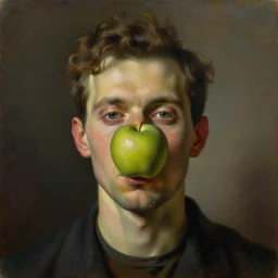 a painting of a man with a green apple on his face, a surrealist painting by rene magritte, cg society, pop surrealism, surrealist, oil on canvas, academic art