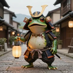 a samurai mask frog holding a lamp in japanese village street by justin gerard, concept art, creature design, sharp focus, trending on artstation, hyper realism, 8 k, hyper detailed, ultra detailed, highly detailed,