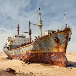 the rusted carcass of an ancient cargo ship in a desert, detailed futuristic watercolor by kim jung gi