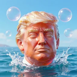 a funny sculpture of a donald trump squashed human head made from juicy jelly wrapped in cling film with ice cream spread on it on ocean water, funny face, brain, giant bubbles, 3 d objects, realistic water splashes, water art, vibrant, in the style of mike campau, cg render, ray tracing, 8 k resolution, sharp