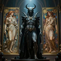 Hades the God of the Underworld, by Rolf Armstrong and Evelyn De Morgan and Bastien Lecouffe-Deharme, dramatic lighting, high contrast colors, baroque, empyrean, panoramic view, as trending on Artstation, highly detailed, doom engine,