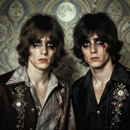 two handsome but sinister young men wearing vivienne westwood in layers of fear, with haunted eyes and wild hair, 1 9 7 0 s, seventies, wallpaper, a little blood, moonlight showing injuries, delicate embellishments, painterly, offset printing technique, by brom, robert henri, walter popp