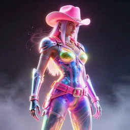 disintigrating synthwave cowgirl, character design, bright colors, illusion, metallic, armor, stunning, breathtaking, digital render, line art, unreal engine, de - noise, 8 k, volumetric lighting, detailed contrast, scattered mist, glow, rim light by greg rutkowski