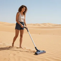 beautiful photograph of a woman vacuuming sand in a desert