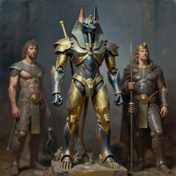 a statue of anubis mecha, tim hildebrandt, wayne barlowe, bruce pennington, donato giancola, trending on artstation, cinematic composition, beautiful lighting, hyper detailed, 8 k, oil on canvas