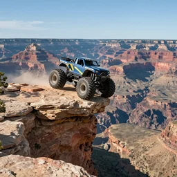 a monster truck driving off the edge of a cliff into the Grand Canyon,