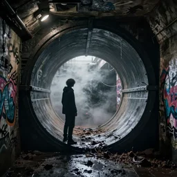 person standing in edge of large round sewer pipe in underground london sewer, graffiti on walls, damp, sludgy, yukky, dramatic, misty, cinematic lighting, fantasy, sharp focus, concept art, octane render 4 k, artstation, by greg rutkowski