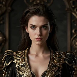 face shot portrait of attractive arrogant young woman with luxury clothes, by greg rutkowski, by zdzislaw beksinski, very detailed, ornate, intricate, octane render, dark color lighting, volumetric lighting, 8 5 mm
