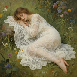 a girl in an artistic resting pose covered in lace intricate translucent loosen cloths surrounded by beautiful nature and meadows, highly detailed digital by artgerm, wlop, by alphonse mucha painting _ - h _ 1 0 2 4