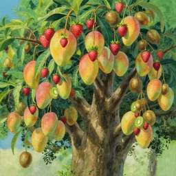 painting of beautiful tree with mango strawberry kiwi fruits by studio ghibli, makoto shinkai trending on artstation, epic composition, intricate details