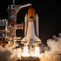 high detailed picture of a red colored space shuttle launching from kennedy space center launchpad, intricate detail, beautiful lighting, trending on artstation, 8 k