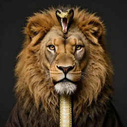 demiurge head face eyes fangs serpent serpent python wearing a lion costume furry ears neck neck tall long viper tombow peter doig greg rutkowski giorgio de chirico arsen savadov dan witz vik muniz