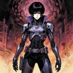 cursed illustration of beautifully ominous cyberpunk warrior, manga style of kentaro mirua, by norman rockwell, weirdcore