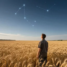 man working in the wheat field and looking at constellation orion 4 k photorealistic