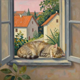 sleeping cat on window, inside house in village, plants, beige color, brown, orange, pink, divisionism and pointillism style