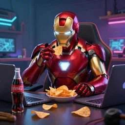 iron man eats chips in front of laptop in detailed gamer room, coke and chips on table, cyberpunk concept art, trending on artstation, highly detailed, digital art, 8 k