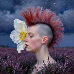closeup, giant flowers head and mohawk, woman in heather field, surreal photography, starlight, storm clouds, impressionist painting, digital painting, artstation, simon stalenhag