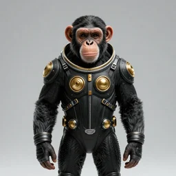 portrait of a straight forward looking Chimpanzee in black spacesuit with golden elements, by Skottie Young and WLOP