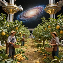 portrait of symmetrical friendly farmers, with detailed smiling faces, harvesting an orchard on a space-station, with fruit trees, supported by advanced elegant machinery, near a galaxy, insanely detailed and intricate, golden ratio, elegant, ornate, elite, haunting, 30mm, cinematic, trending in cgsociety, unreal engine, 8k, vivid and vibrant